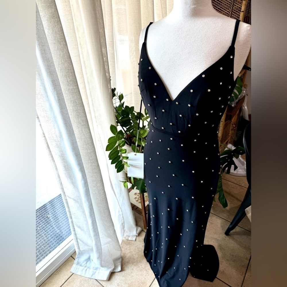 Mac Duggal black prom wedding guest‎ bridesmaid v neck dress gown rhinestone